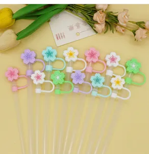 Silicone flower straw toppers for 10mm Stanley cups, cute cherry blossom reusable straw covers.