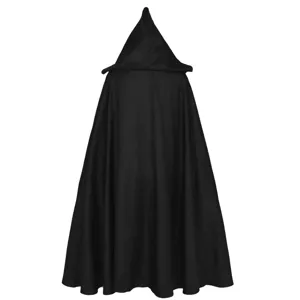Medieval black hooded cloak cape for cosplay, wizard, reaper, Halloween costume details.