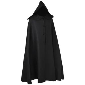 Medieval black hooded cloak cape wizard knight costume for Halloween party wear, classic style.