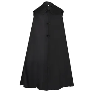 Black medieval vintage cloak cape with button closure, perfect for Halloween cosplay and dress up.