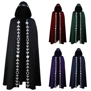 Medieval Renaissance Hooded Cloak Vintage Moon Phase Printed Cape Halloween Cosplay Costume Unisex Adult Long Outerwear