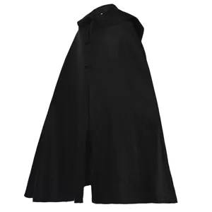 Medieval black hooded cloak cape detail view, vintage knight wizard cosplay costume garment.