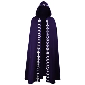 Purple hooded cloak with white moon phase print, medieval retro cape for Halloween cosplay party.