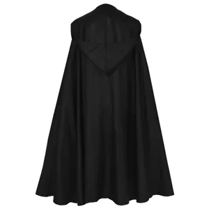 Medieval black hooded cloak detail view, wizard reaper cape for Halloween costume party.