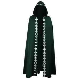 Dark green medieval renaissance hooded cloak cape with moon phase print for halloween cosplay.