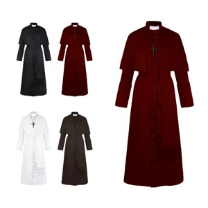 Costume de cosplay de prêtre rétro médiéval pour homme tenue de clergé unie avec collier croix.