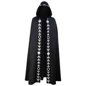 Close-up detail of the black hooded cloak featuring white moon phase prints along the front opening edge.