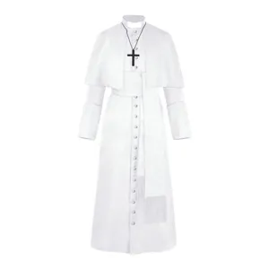 Costume de prêtre blanc pour homme, robe cléricale rétro médiévale avec collier croix.