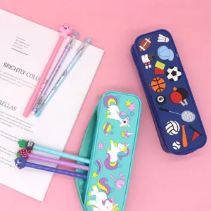 Silicone pencil case detail showing cute unicorn and sports ball 3d designs with colorful pens.