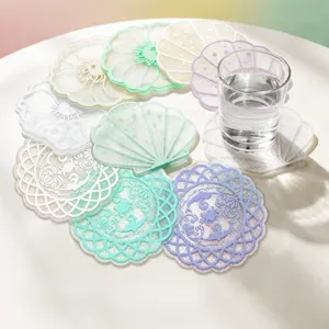 Cute Cartoon PVC Coaster Waterproof Heat Resistant Table Mat Glitter Shell Lace Soft Rubber Drink Coaster For Home Kitchen