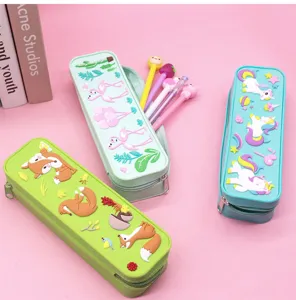 Cute silicone pencil case with 3D cartoon animal designs, waterproof and durable for students.