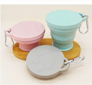 Portable 180ml silicone collapsible travel cup with cute cat claw lid and metal hook.