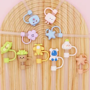 Cute Cartoon PVC Straw Topper Dust Proof Straw Cover Reusable Silicone Straw Cap Charm For Drinking Accessories