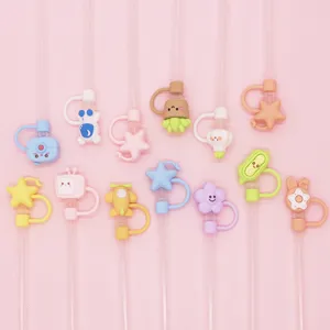 Cute silicone straw covers 8-10mm reusable straw toppers cartoon dustproof caps