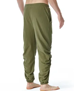 Pantalones casuales hombre algodon lino color solido suelto cordon ajuste trasero detalle