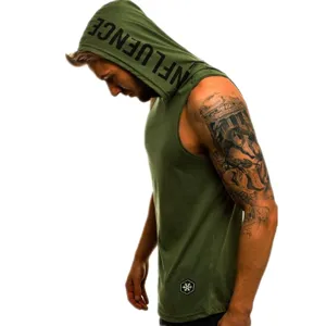 Heren zomer fitness mouwloze capuchon tanktop militair groen casual sport gym vest.