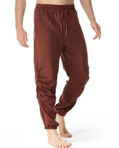 Pantalon casual de hombre de algodon y lino con cordon elastico en cintura y pliegues.