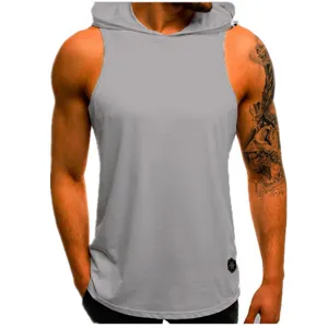Heren fitness mouwloos hoodie tanktop casual sport training vest lichtgrijs.