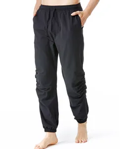 Pantalon casual negro de hombre de lino cintura elastica con cordon comodo para exterior