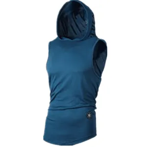 Heren blauwe fitness mouwloze tanktop met capuchon sportvest gym sportkleding top