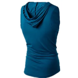 Heren sport mouwloze tanktop met capuchon, ademende slim fit fitness vest petrol blauw.