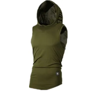 Heren zomer slim fit sport mouwloze capuchon vest ademend fitness tanktop olijfgroen
