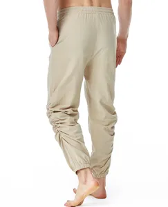 Pantalón casual de lino y algodón para hombre con cintura elástica y cordón ajustable.
