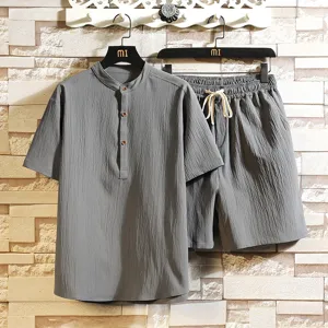 Men linen short sleeve shirt and shorts set casual mandarin collar grey summer suit