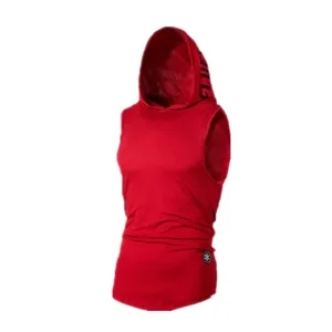 Rode mouwloze fitness tanktop met capuchon voor heren, ademend sportshirt voor de zomer.
