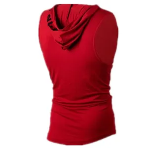 Rode heren zomer sport capuchon mouwloze vest tanktop, ademende slim fit fitnesskleding.