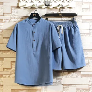 Mens linen short sleeve shirt and shorts set casual mandarin collar two piece loungewear