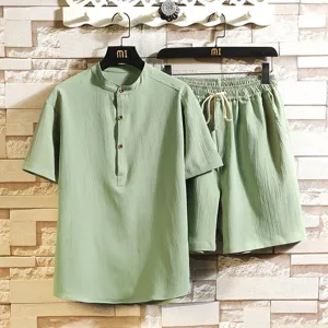 Men's casual linen short sleeve shirt and shorts set mandarin collar solid color two-piece