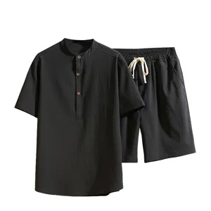 Men's casual linen short sleeve shirt and shorts set, solid black summer two piece outfit.