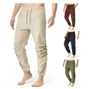 Pantalón Casual de Algodón Lino para Hombre Cordón Cintura Elástica Color Sólido Pantalón Jogger Suelto Ropa Diaria