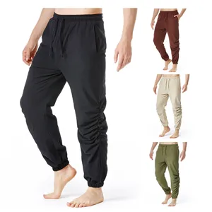 Pantalon casual de hombre de algodon lino con cordon cintura elastica color solido