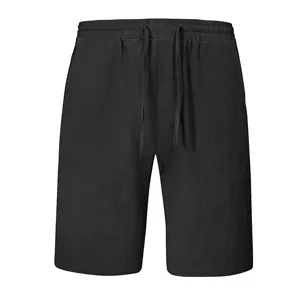 Men casual cotton linen shorts solid color summer beach shorts elastic waist black