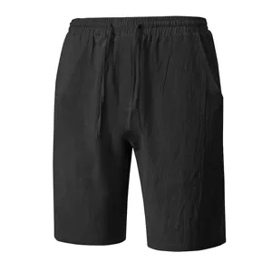 Men's cotton linen casual shorts solid color summer beach shorts with elastic drawstring waist.