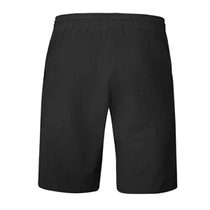 Detail view of casual black men shorts, featuring elastic waistband and comfortable fabric fit.