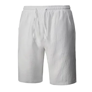 Men casual cotton linen solid white shorts summer beach daily wear classic style detail.