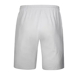 Back detail view of men's casual cotton linen beach shorts in solid white, elastic waist.