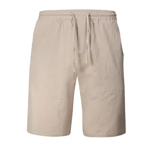 Men's casual cotton linen shorts summer beach solid color drawstring waist trousers