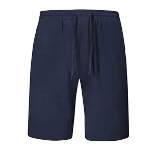 Men casual cotton linen solid color shorts pocket detail summer beach short trousers dark
