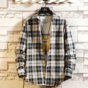 Men's black and white plaid long sleeve shirt casual button down shirt for spring autumn