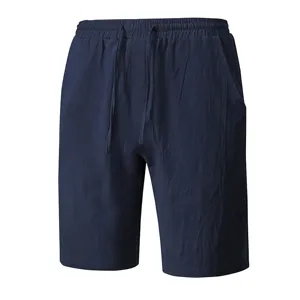 Men's casual cotton linen shorts detail, comfortable solid color beach wear for summer.
