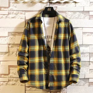 Men's casual long sleeve plaid shirt, vintage yellow and blue checkered button down top.