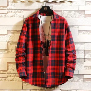 Men's red and black plaid long sleeve shirt classic casual button down flannel shirt for men