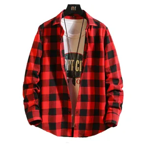 Men's Red Black Plaid Long Sleeve Shirt Casual Button Down Shirt with White Tee Top.
