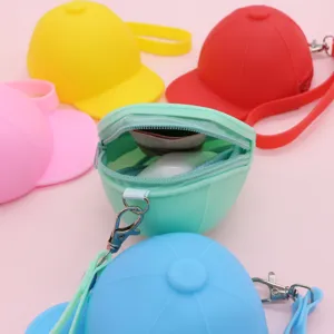 Cute silicone baseball cap coin purse, mini candy color zipper key pouch with hook for women.