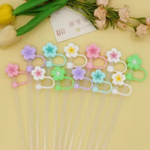 Colorful silicone flower straw covers 10mm cute dustproof reusable drinking straw toppers