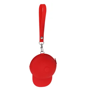 Red silicone baseball cap coin purse keychain, cute mini hat key pouch with strap.
